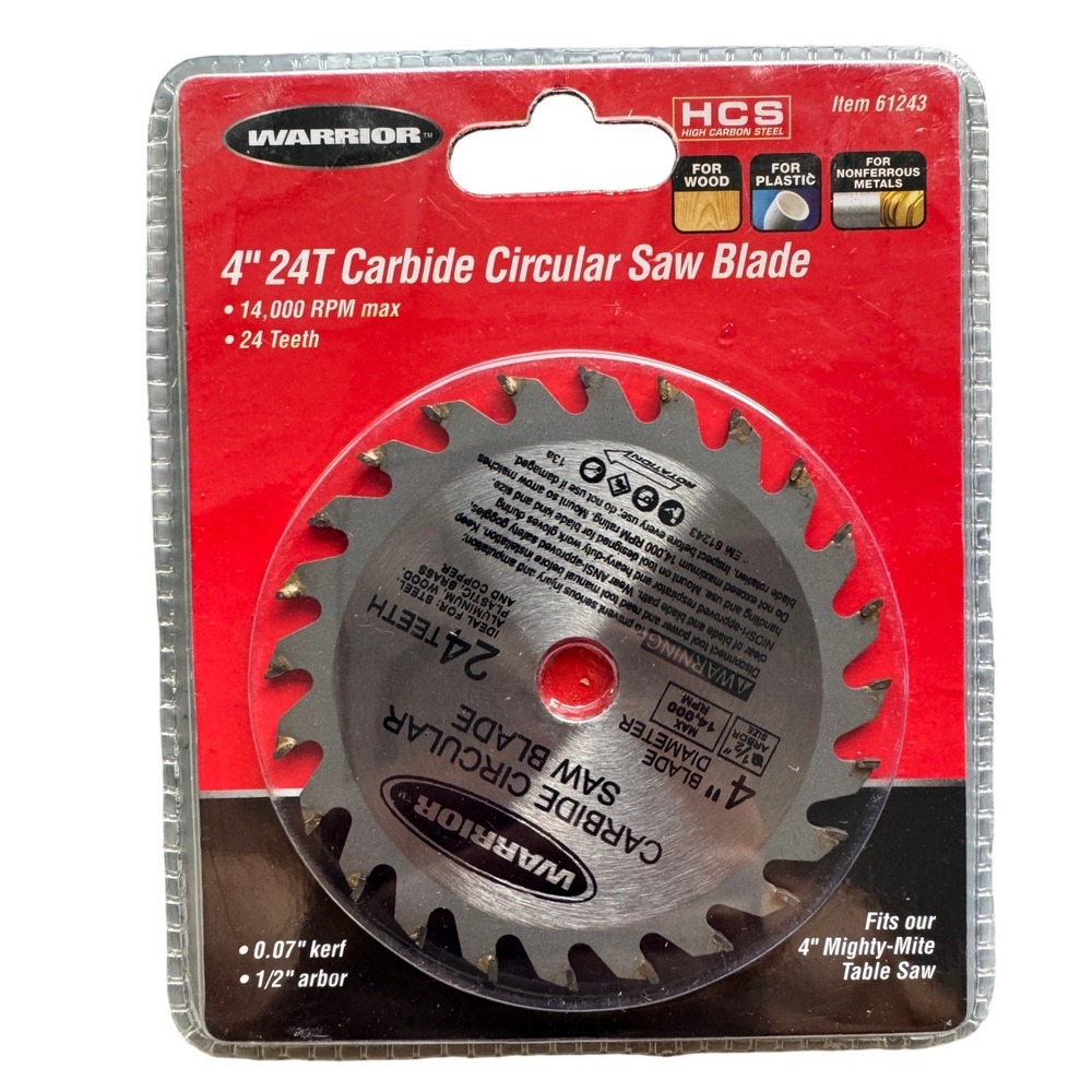 Warrior 4in 24T Carbide Circular Saw Blade 1/2in Arbor HCS 61243 Wood Metal